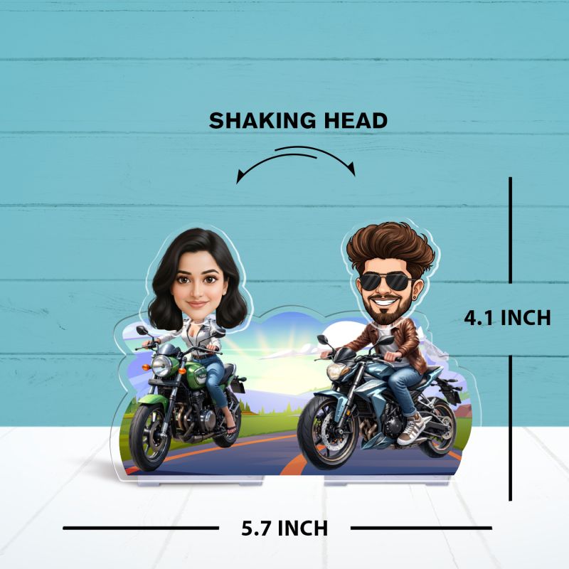 Personalized Biker Couple Caricature Standee with Battery Powered Moving Head Custom Cartoon Photo Cutout for Motorcycle Lovers Tabletop Decor